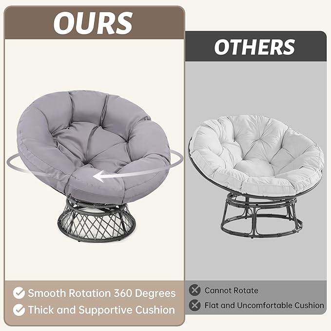 46" Giant Oversized Rattan Papasan Chair with Cushion and Frame for Adults, Fluid 360° Swivel, Waterproof, Grey Frame with Light Grey Cushion
