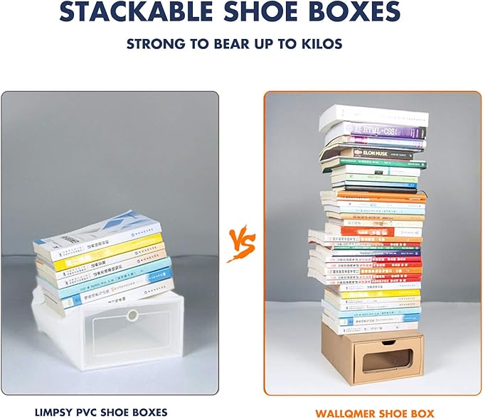 Shoe Box 12 Pack,13.2 x 8.3 x 5.1in Waterproof Storage Boxes, Socks, Stationery, Toys, Underwear,Heavy Duty,Stack-able Cardboard Boxes,with Marking Labels,Transparent Window