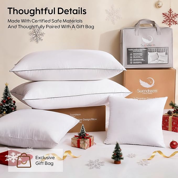 Goose Feather Down Fiber Pillows Standard Size Set of 2, Luxury 3-Chamber Pillows with Soft & Down-Proof Cover, Fluffy Plush Hotel Bed Pillows for Side, Back & Stomach Sleepers, 20"x26"