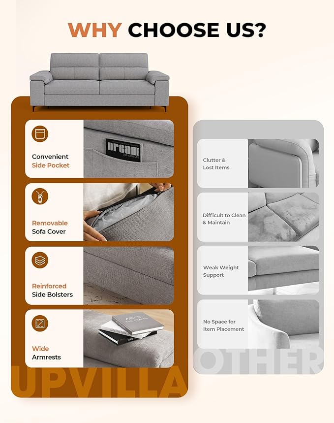 88.97" Modern Sofa Couches for Living Room, Deep Seat Sofas with 8”Cushion, Comfy 2-Seater Chenille Loveseat with Convertible Armrest, Removable Sofa Cover, High Leg(Light Gray)