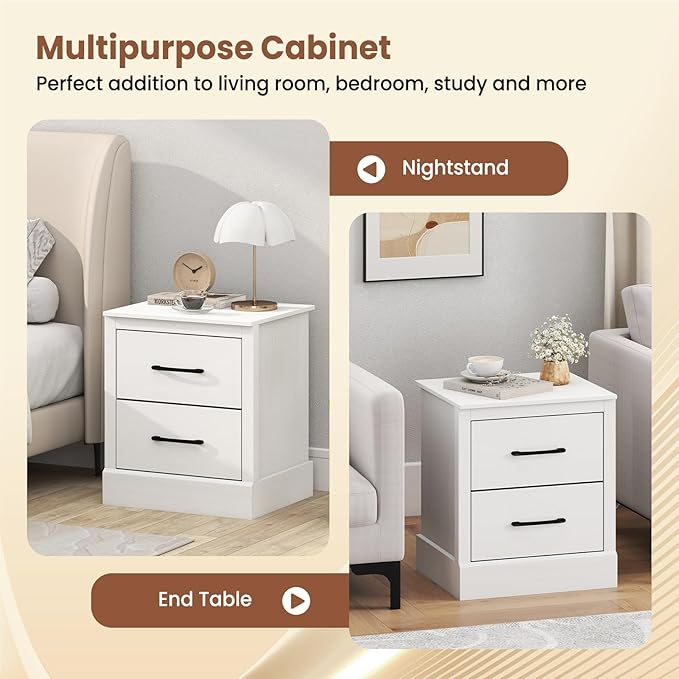 Giantex Modern Nightstand, Wood Bedside Table with 2 Storage Drawers, Compact Floor Night Stand End Table, White Accent Sofa Side Table for Bedroom