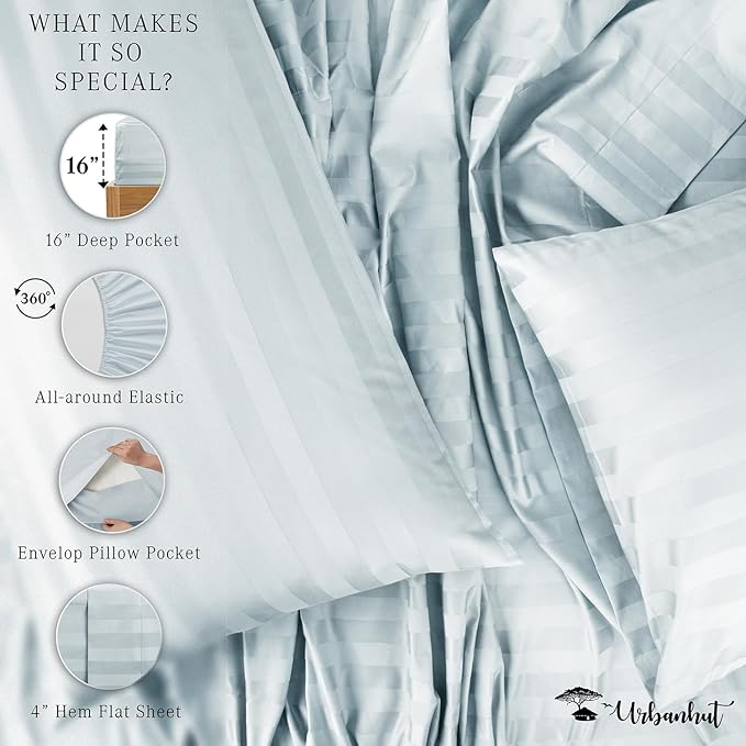 URBANHUT 800 Thread Count 100% Cotton Damask Queen Size Sheets, 4 Piece Striped Queen Size Bedsheets, Luxury Hotel Sheets Sateen Weave - Better Than Egyptian, 16" Elasticized Deep Pocket- Light Blue
