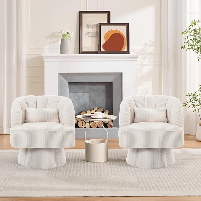 GarveeHome Modern Swivel Barrel Accent Chair, 360° Velvet Upholstered Armchair with Striped Backrest & Plush Padding, Comfy Round Lounge Chair (1, Beige + Corduroy)