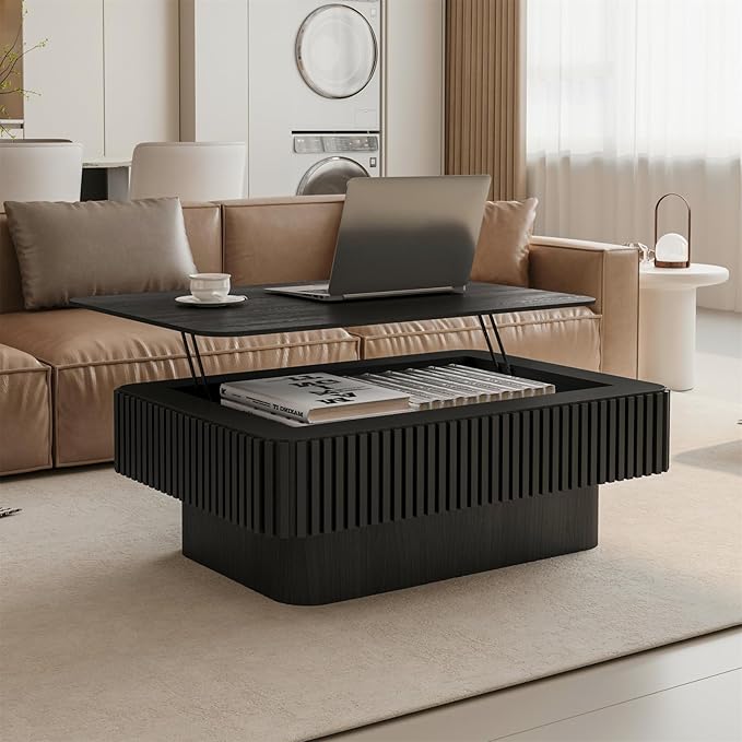LKTART Lift Top Coffee Table for Living Room, Accent Fluted Coffee Table with Storage, Modern Solid Wood Veneered Rectangle Center Tea Table for Small Space Apartment (38.6''L×14''H-Black)