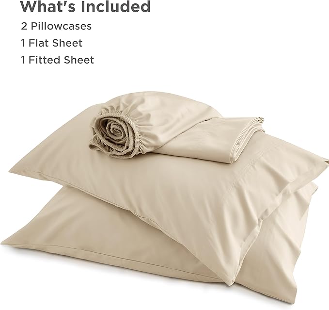 Bedsure California King Sheet Sets, Cooling Sheets for Hot Sleepers, Rayon Derived from Bamboo, Deep Pocket Up to 16 Inches, Breathable & Soft, Hotel Luxury Silky Bedding, Beige