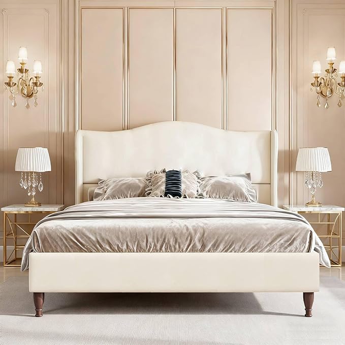 koorlian King Size Bed Frame Fully Upholstered Platform Bed with 51'' Tall Headboard, Sleigh Wingback and Solid Wood Retro Legs, Soft Fabric/Modern Minimalist Style/Easy Assembly, Beige