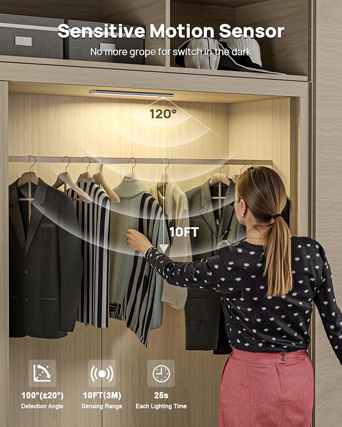 Under Cabinet Lights Wireless,11.9" Motion Sensor Light Indoor with Remote Control,2500mAh LED Rechargeable Battery Operated Closet Light,3 Color Temps,Under Counter Lights for Kitchen,Stairs,Wardrobe