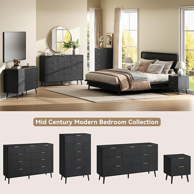 CARPETNAL Fluted 9 Drawer Dresser for Bedroom, 55" Wide Wooden Chest of Drawers with Rounded Corners, Gold Handles, Modern Storage Organizer for Bedroom, Hallway(Black)