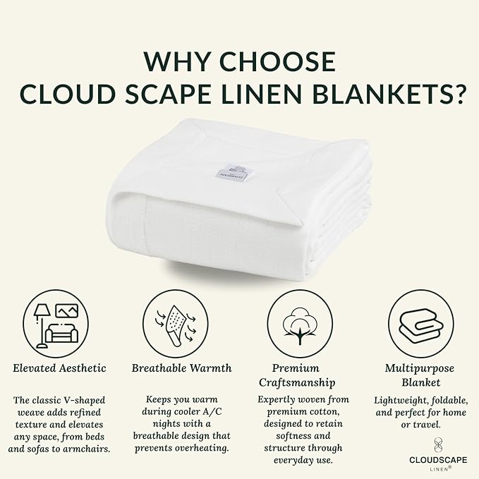 Cloud Scape Linen 100% Cotton Blanket Twin 68x92 White - Cozy Herringbone Weave, Fits Up to Twin XL Size Beds, Breathable Softness, All-Season Warmth, Winter Blanket, Bedding Gift Choice