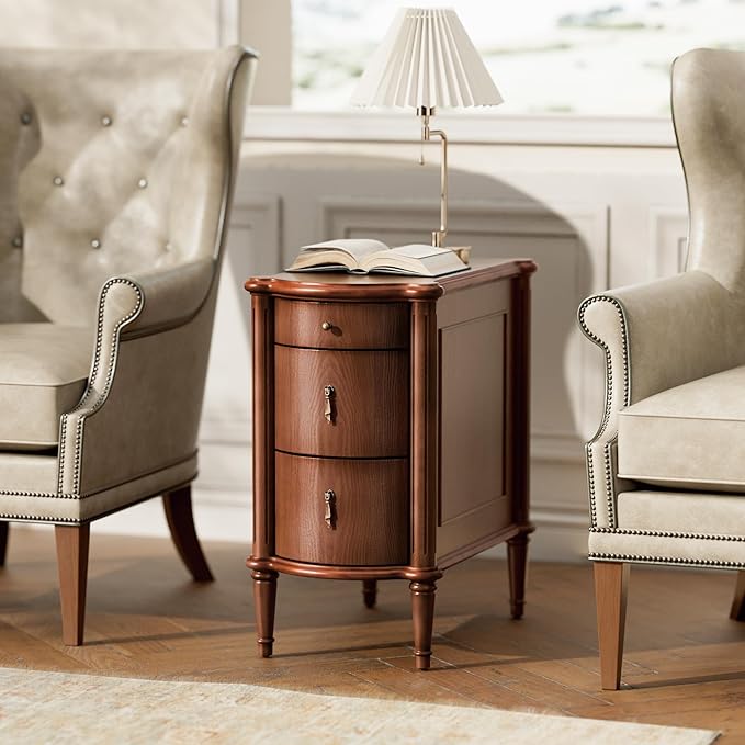 STO'SENSE Nightstand w/Charging Station & 3 Drawers, Pre-Assembled, Vintage Side Table w/Antique-Finished Pulls, Rustic Wood Finish, Narrow End Table w/Turned Legs for Bedroom (1, Brown)