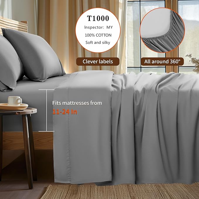 LBRO2M 100% Cotton Sheets Set Deep Pocket 24", 1000 Thread Count California King Size 4 Piece Bed Sheet Sets Soft Comfortable Bedding All Season (California King, Gray)