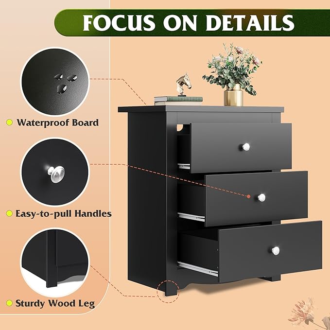 WLIVE Tall Nightstand with Charging Station, Wood Night Stand with 3 Drawers Storage, Bedside Table End Side Tables with 2 USB Ports and Outlets for Bedroom, Closet, Black