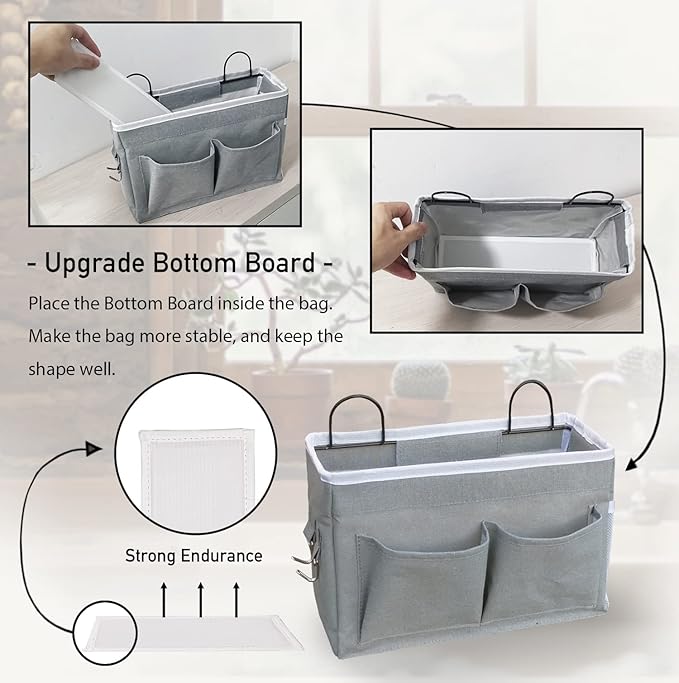 Kanrichu 3pcs Middle Wall Hanging Organizer Bag, Linen Fabric Door Hanging Storage Basket with Pockets, Waterproof Bin for Kitchen, Bedroom, Office, RV Camper (Gray)