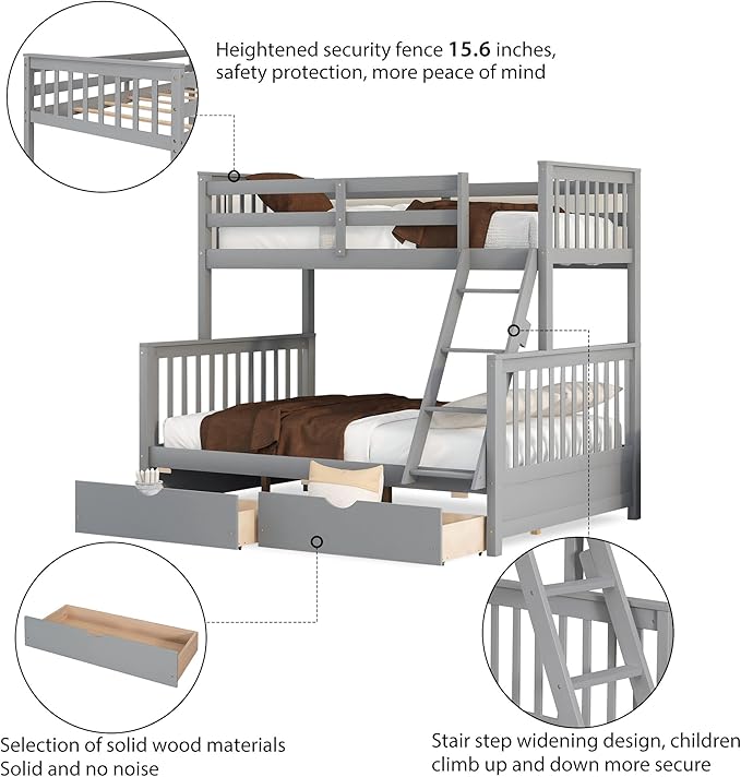 Merax Wood Bunk Bed with Drawers,Convertible Wood Bunk Bed with Ladders and Two Storage Drawers,Solid Wood Detachable Bed Frame with Ladders,Twin Over Full Size,Grey
