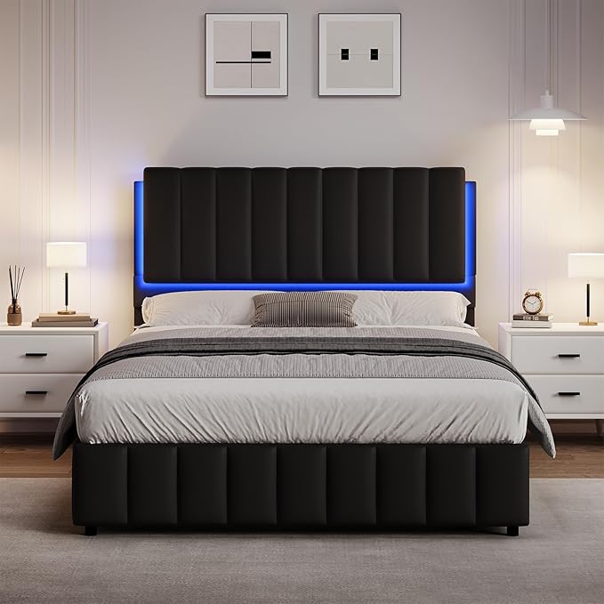 Queen Size Bed Frame with Headboard and LED Lights, Modern Upholstered Faux Leather Platform Bed with Wooden Slats Support, No Box Spring Needed, Easy Assembly, Black