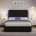Queen Size Bed Frame with Headboard and LED Lights, Modern Upholstered Faux Leather Platform Bed with Wooden Slats Support, No Box Spring Needed, Easy Assembly, Black
