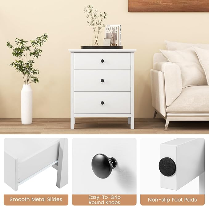 Giantex Nightstand with 3 Drawers, Wooden Side End Table with Solid Wood Legs, Retro 3-Drawer Bedside Table Night Stand for Bedroom Home Office Small Space, Easy Assembly, White