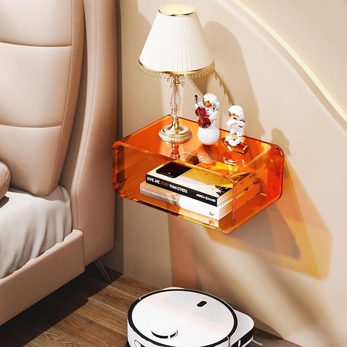 Acrylic Floating Nightstand, Bedside Table, Nightstand Shelf Wall Mounted Bedside Shelf (Orange, Small)