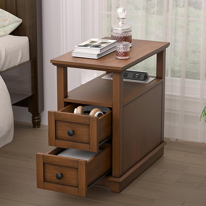 HIFYOBRO 2 Drawers End Table with Flip Top Charging Station, Type-C & USB Port & Power outlets, Wooden Nightstand, Side Table with Storage for Living Room and Bedroom
