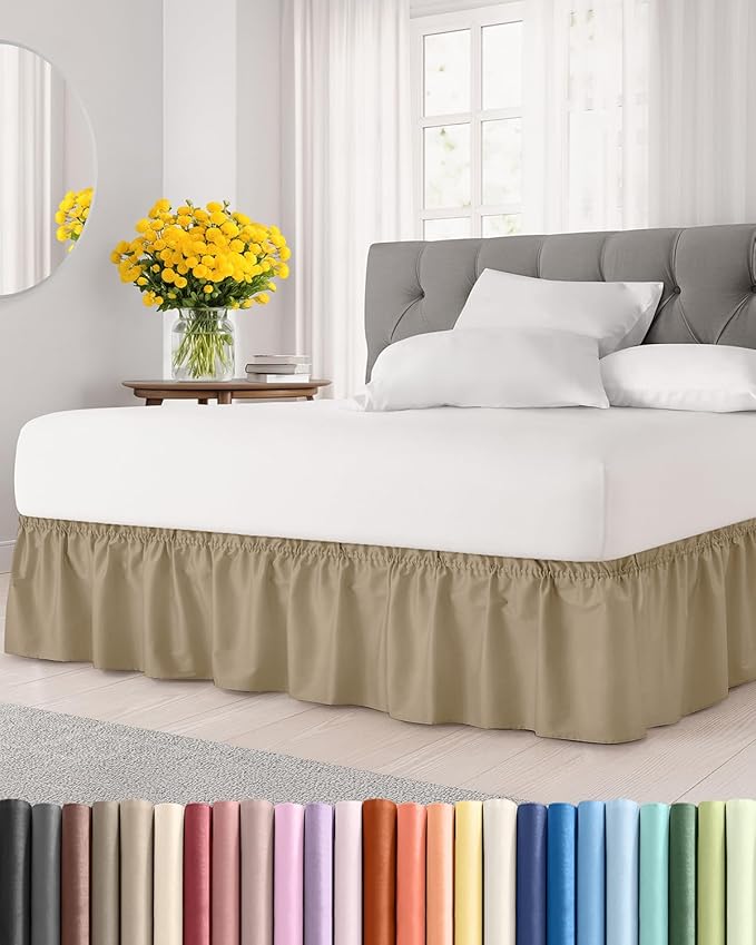 Wrap Around Dust Ruffle Bed Skirt - Beige - for Full Size Beds with 12 Inch Drop - Easy Fit Elastic Strap - Adjustable Pleated Bedskirt w/Brushed Fabric - Wrinkle Free - for Women, Men, Kids & Teens