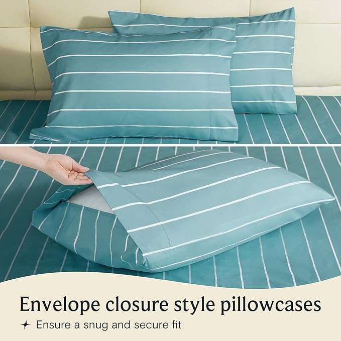 LuxClub 4 PC King Sheet Set, Deep Pockets Wrinkle Free Cooling Bed Sheets Hotel Bedding for Women, Men, Includes 1 Fitted Sheet, 1 Flat Sheet and 2 Pillowcases-Striped - Light Blue