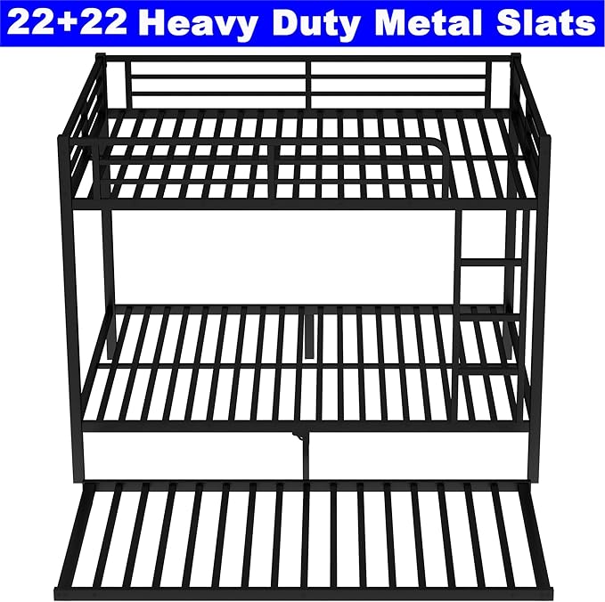 Upgraded Version Thicken Heavy Duty Metal Full Over Full Bunk Bed with Twin Size Trundle, Modern Style Stronger Full Size Bunk Bed Frame for Adults, Easy Assembly (Full)