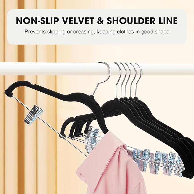 36-Pack Black Velvet Hangers with Clips Adjustable,Adult Hangers,Heavy-Duty,Felt,Non-Slip,Space Saving,Slim Outfit Hanger for Pants, Skirts, Suits,Coats, Dresses ect.