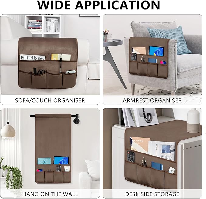 TV Remote Control Holder Couch Caddy, Non-slip Bedside Caddy Organizer with 5 Pockets for Key Glasses Phone Magazine Holders (Brown, 35''x18'')