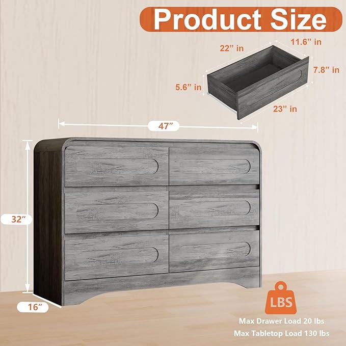 Dresser for Bedroom with 6 Drawers, 47" Wide Modern Dressers & Chest of Drawers with Curved Profile Design, Wood Closet Clothes Storage Dressers Organizer for Bedroom Living Room Hallway, Grey