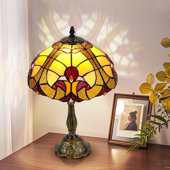 Luxury 12" Tiffany Style Table Lamp with Stained Glass & Baroque Design – Elegant Tiffany Lamp for Living Room, Bedroom, Office Decor | Includes LED Bulb, UL-Certified, Premium Resin Base