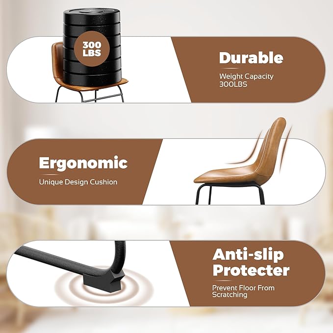 Dining Chairs Set of 6, 18 Inch Modern Armless Dining Chair with Back, Faux Leather Kitchen Dining Room Chair with Metal Legs for Home, Bistro Coffee Shops (Brown)
