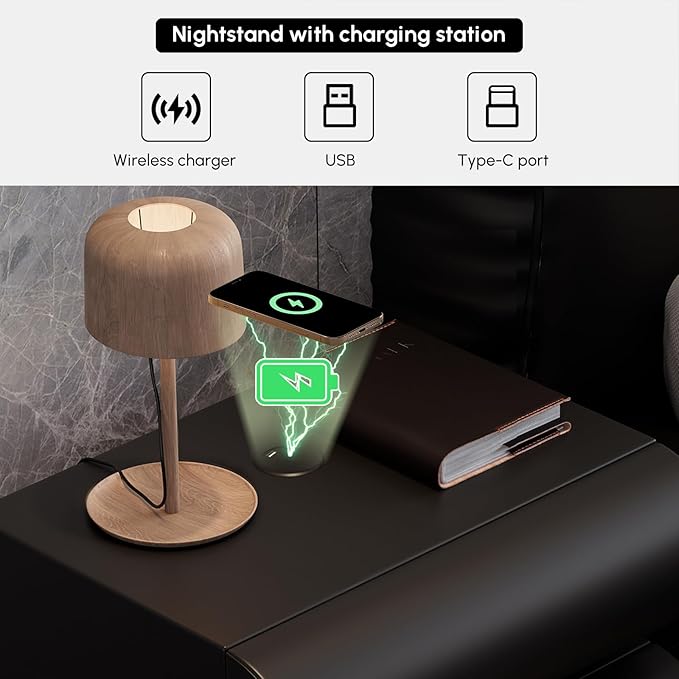 homary Smart Nightstand Modern Black Leather Nightstands with Wireless Charger Bedside Table with 2 Drawers for Bedrooms Living Rooms Offices 19.7" W x 15.7" D x 15.7" H