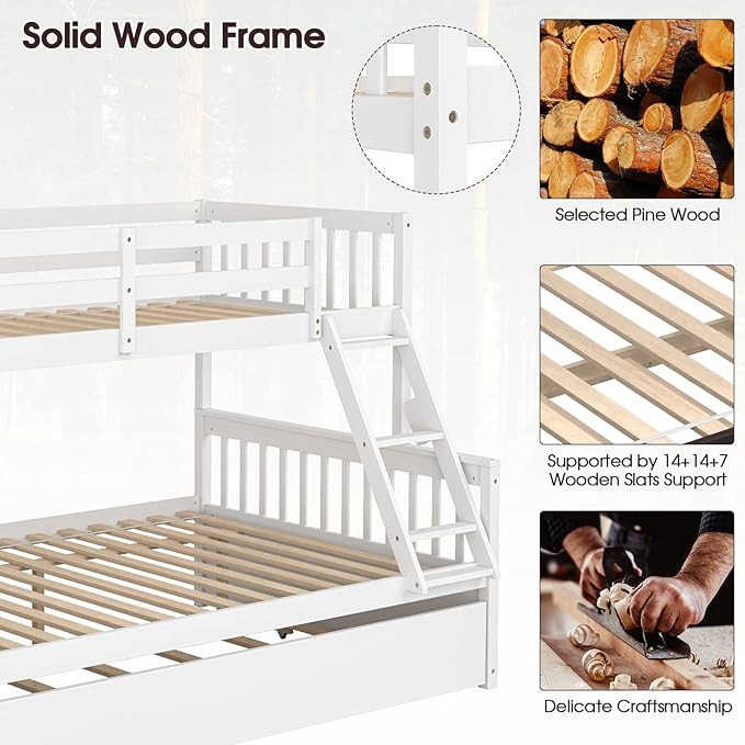 Giantex Twin Over Full Bunk Bed with Trundle, Convertible Platform Bed Frame with Ladder, Solid Wood Frame & Safety High Guardrails, Space-Saving Bunk Bed for Teens & Kids, No Box Spring Needed, White