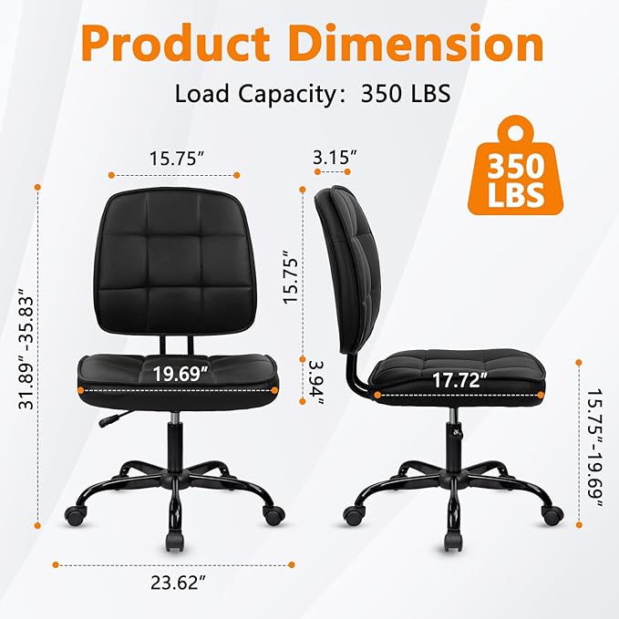 CLATINA Armless Home Office Chair with Lumbar Support and Wheels, Small PU Leather Ergonomic Low Back Desk Chairs No Arms, Adjustable Height 360° Swivel Rolling Computer Task Chair, Black, 6 Pack
