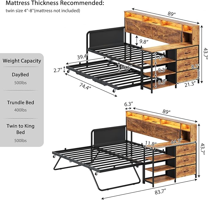 VIAGDO Daybed Twin with Pop Up Trundle, Farmhouse Wooden Day Bed Frame with 3 Storage Drawers and Shelves, Twin to King Daybed with Charging Station and LED Lights for Bedroom, Rustic Brown