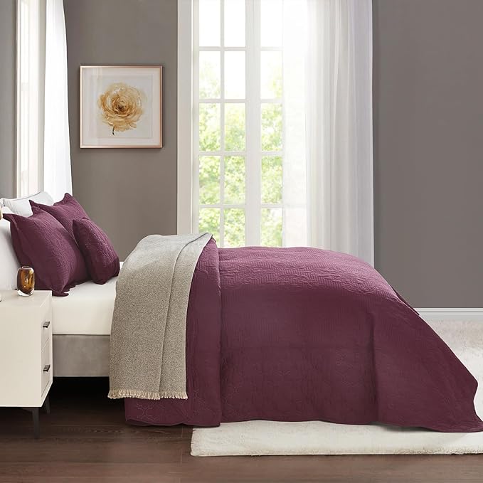 CHIXIN Bedspread Coverlet Quilt Set Full Size - Lightweight Bedding Cover - Ultrasonic Quilting - 5 Piece Reversible Bedspread - Elegant Damask Paisley Pattern (Full, Purple)