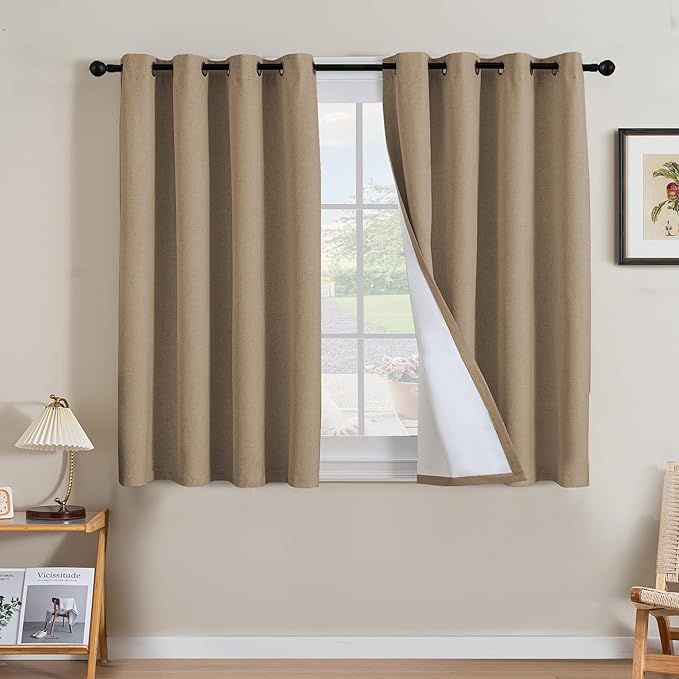 H.VERSAILTEX Linen Curtains 100% Blackout Curtains for Bedroom 45 inch Long Full Light Blocking Nature Linen Blended Window Curtains for Living Room Nickel Grommet (2 Panels, Heathered Macchiato)