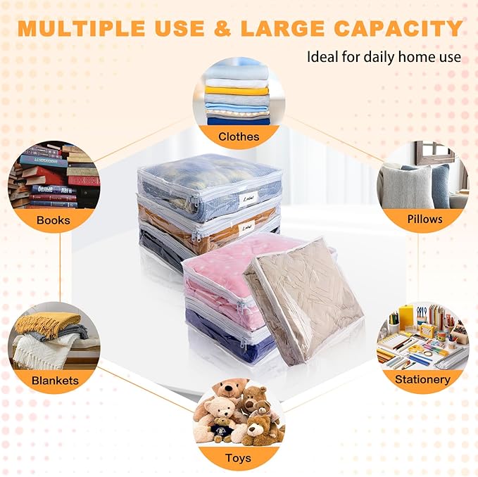 Clear Zippered Storage Bags Plastic Sweater Storage Bags with Zipper 6 Packs Clothing Organizer for Blankets Linen Sweater Bed Sheet Quilt Clothes Pillow (10.5 x 10.5 x 2.5 Inch)