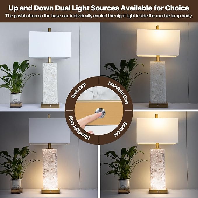2-Pack 25.6" Alabaster Lamps, Marble Lamp Nightstand Lamps Set of 2, 3-Color Temperatures Bedside Lamps with Nightlight, Modern Table Lamp with USB Ports for Living Room Bedroom Hotel, Bulbs Included