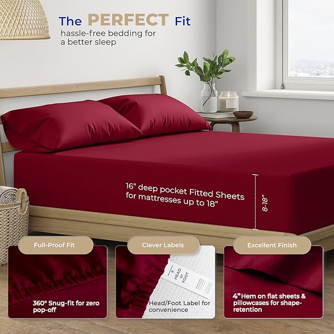 THREAD SPREAD 100% Cotton Bed Sheets Twin XL Set - 400 Thread Count Cotton Twin XL Sheets Only, 3 PC Set (Burgundy), Soft, Breathable, Cooling, Sateen Weave 16" Deep Pocket Bedsheet for Hot Sleepers