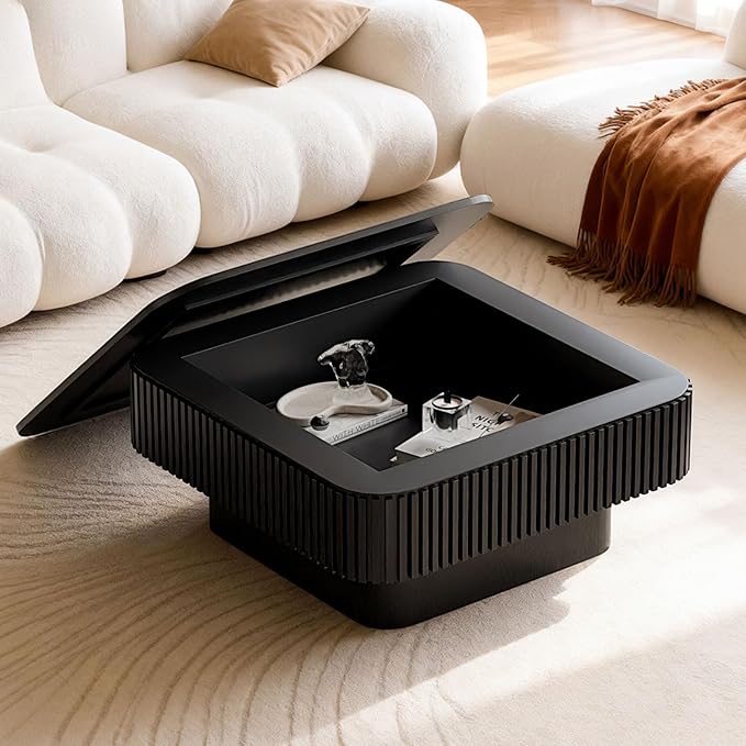 LKTART Coffee Table for Living Room, Accent Fluted Square Coffee Table with Hidden Storage, Modern Solid Wood Veneered Circle Center Tea Table for Small Space Apartment (31.5''D×14''H-Black)