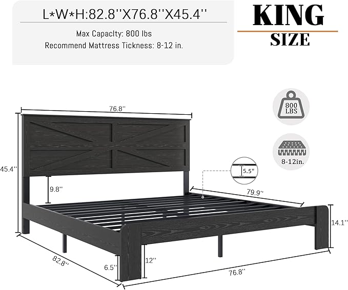 King Size Bed Frame with Farmhouse Headboard, Rustic Boho Wooden Bedframe with LED Lights and Charging Station, Easy Assembly, No Box Spring Needed (Black, King)