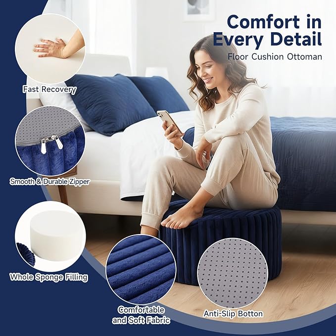 Tiita Round Stuffed Pouf Ottoman, Stripe Faux Fur Poufs with Foam Chunk Filling, Furry and Fluffy Pouf 21×21×12 inch Foot Stool Storage Ottoman,Puff Office Foot Rest for Couch Living Room, Navy Blue