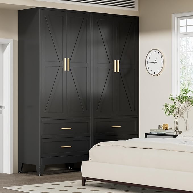 COFaR Metal Wardrobe Cabinet, 71 Farmhouse Armoire Wardrobe Closet with Rods, 2 Barn Doors, Adjustable Shelves, Steel with 2 Drawer Bedroom armoires, Black