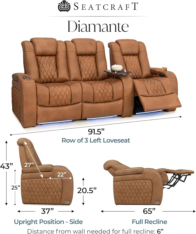 Seatcraft Diamante Zero-Gravity CoolZero Italian Leather Home Theater Seating, Power Headrest, Power Recline, Row of 3 Left Loveseat, Tawny