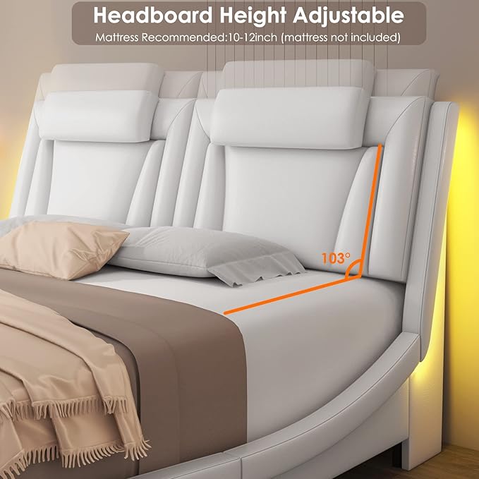 Keyluv Upholstered Platform Bed Frame with Adjustable LED Headboard, Pu Leather, Wave-Like Curve Design and Solid Wooden Slats Support, No Box Spring Needed, Noise Free, Modern, Queen, White