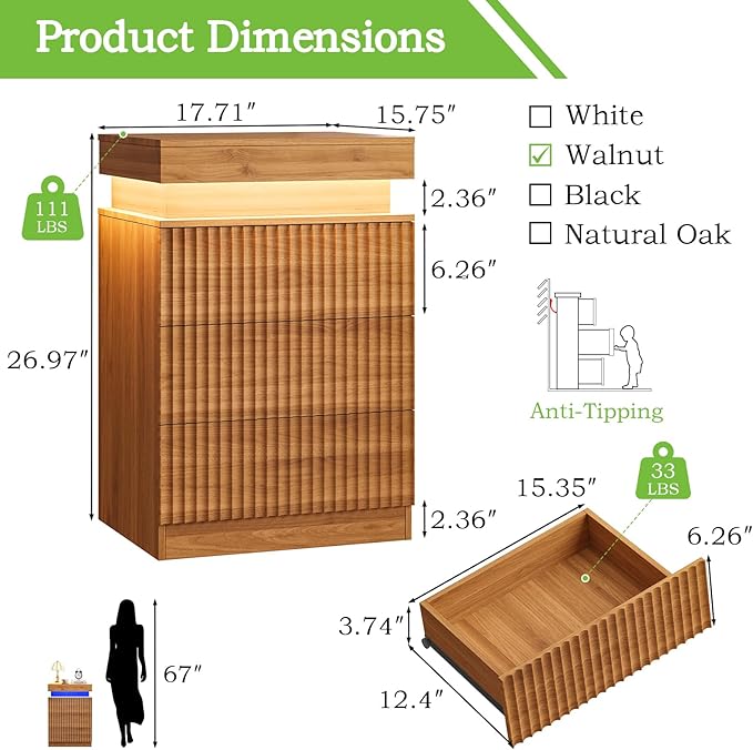 Nightstand with Charging Station & LED Lights, Small Modern Fluted Bedside & End Table with 3 Drawers, Sliding Top & Hidden Storage, Wooden Farmhouse Night Stand for Bedroom Office or Sofa, Walnut