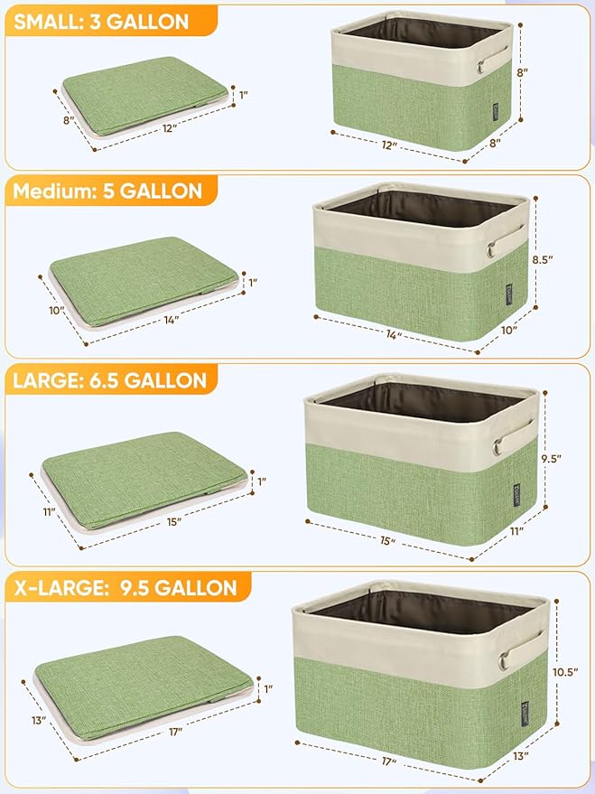 BALEINE 4 Pack Fabric Storage Bins for Shelves, Linen Storage Baskets for Organizing, Decorative Closet Bins for Clothes, Home (Green, 15''x11''x9.5'')