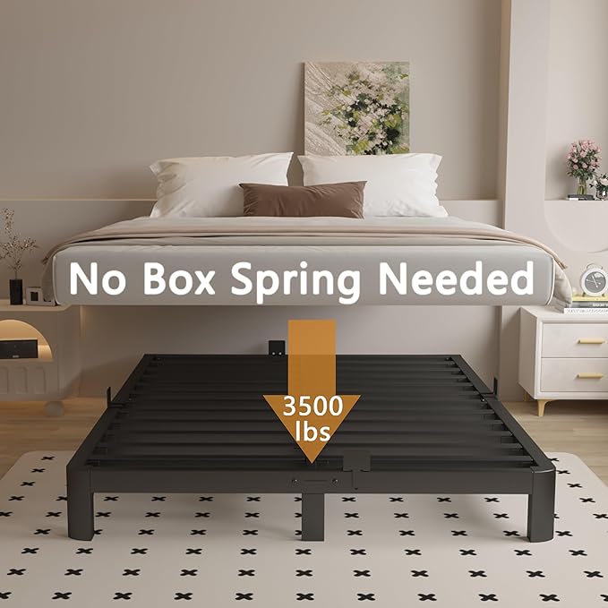 Queen Bed Frame 6 Inch Black, Metal Bed Frame Queen Size with Gaskets, No Box Spring Need, Heavy Duty Steel Platform Support, Round Corner Design, Reserved Holes, Noiseless, Easy Assembly