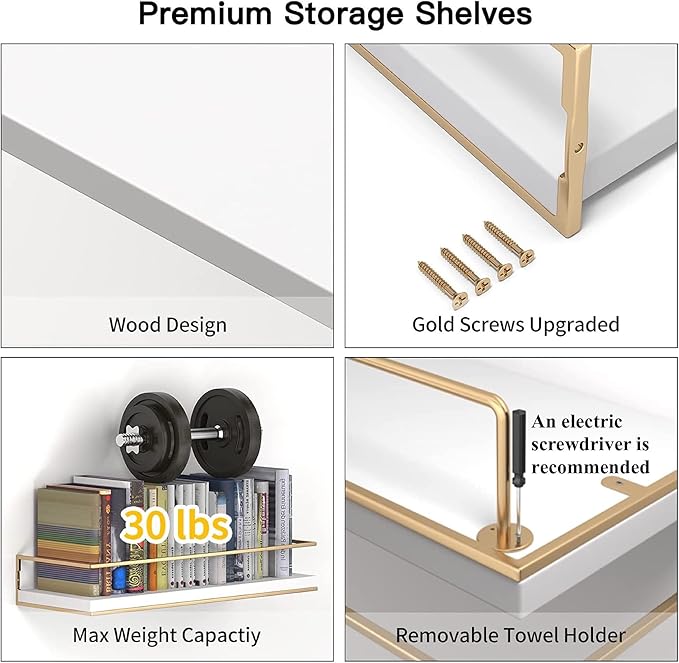 Shario White Floating Shelves - Set of 2, Wall Mounted Hanging Shelves with Golden Towel Rack, Decorative Storage Shelves for Bathroom, Kitchen, Living Room & Bedroom (White Gold, 15.7 Inches) | Hanging Shelves, for Bathroom, Kitchen, Living Room, Bedroom